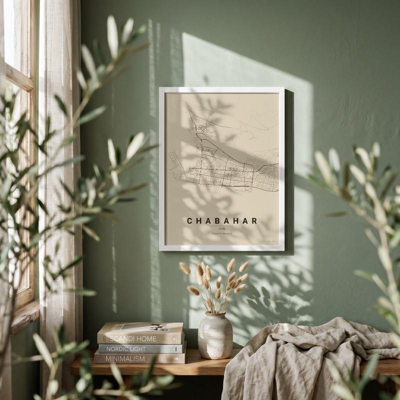 تابلو طرح نقشه شهر چاه بهار مدل G21285 فریم سفید